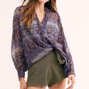Free People Slouchy Printed Front Tie Kimono